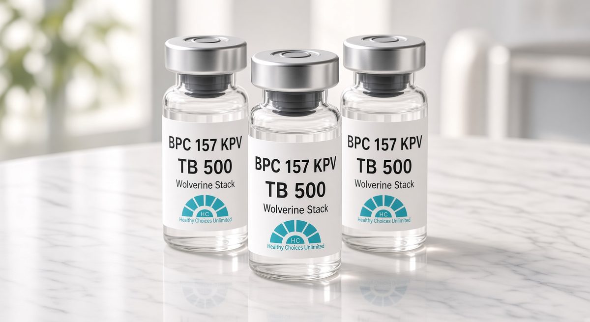BPC-157, KPV and TB-500 peptide vials from Healthy Choices Unlimited
